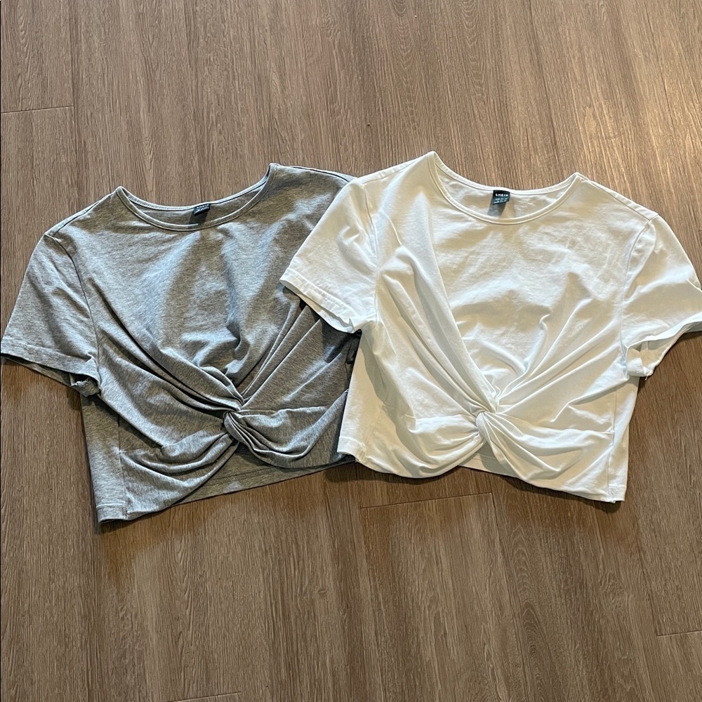 Shein Women (2) White & Grey Cropped Twist Front Tops XL Bohemian Contemporary